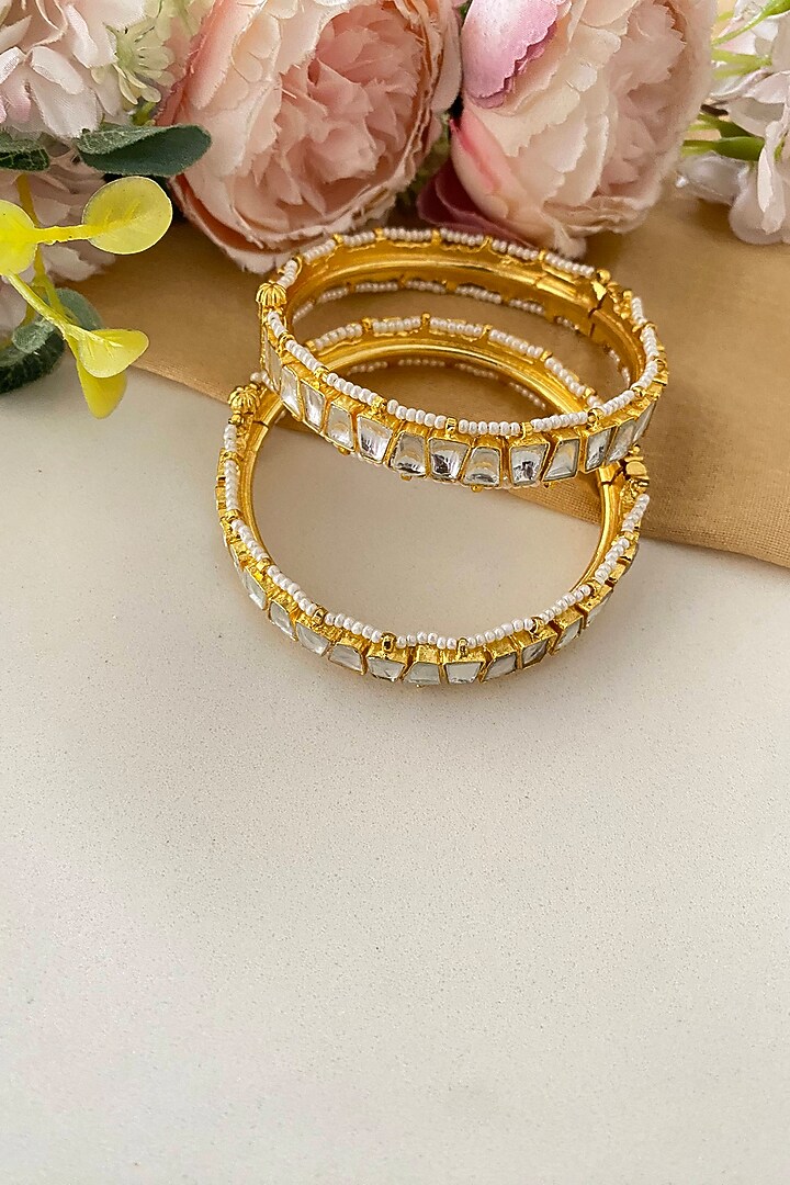 Gold Finish Kundan Polki Bangles (Set of 2) by Namasya at Pernia's Pop Up Shop