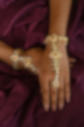 Gold Finish Kundan Polki & Pink Stone Hathphool (Set of 2) by Namasya at Pernia's Pop Up Shop