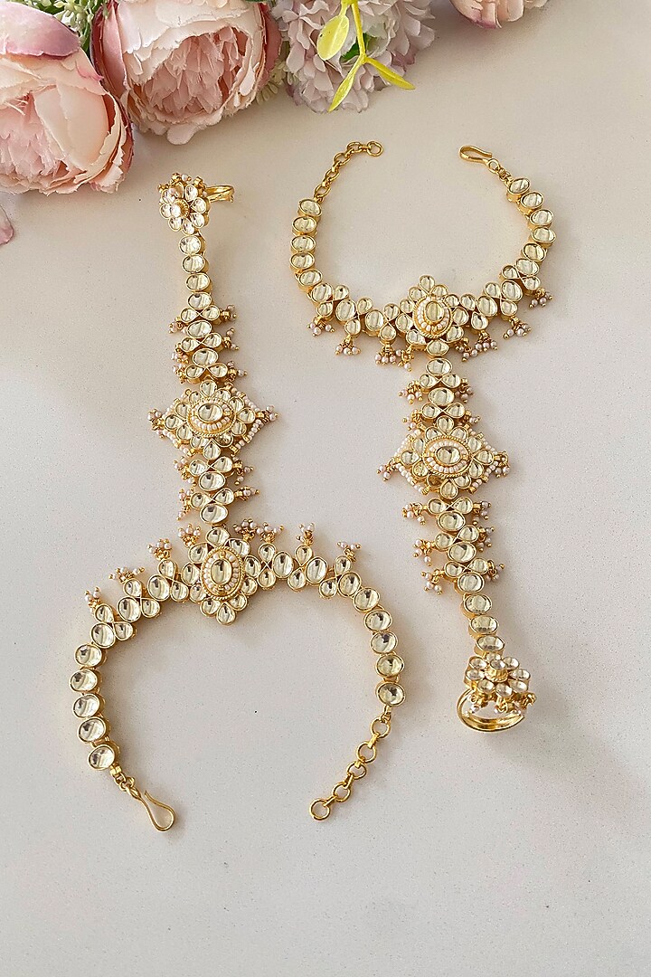 Gold Finish Kundan Polki Hathphool (Set of 2) by Namasya at Pernia's Pop Up Shop