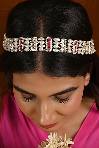 Gold Finish Kundan Polki & Pink Stone Sheeshphool by Namasya