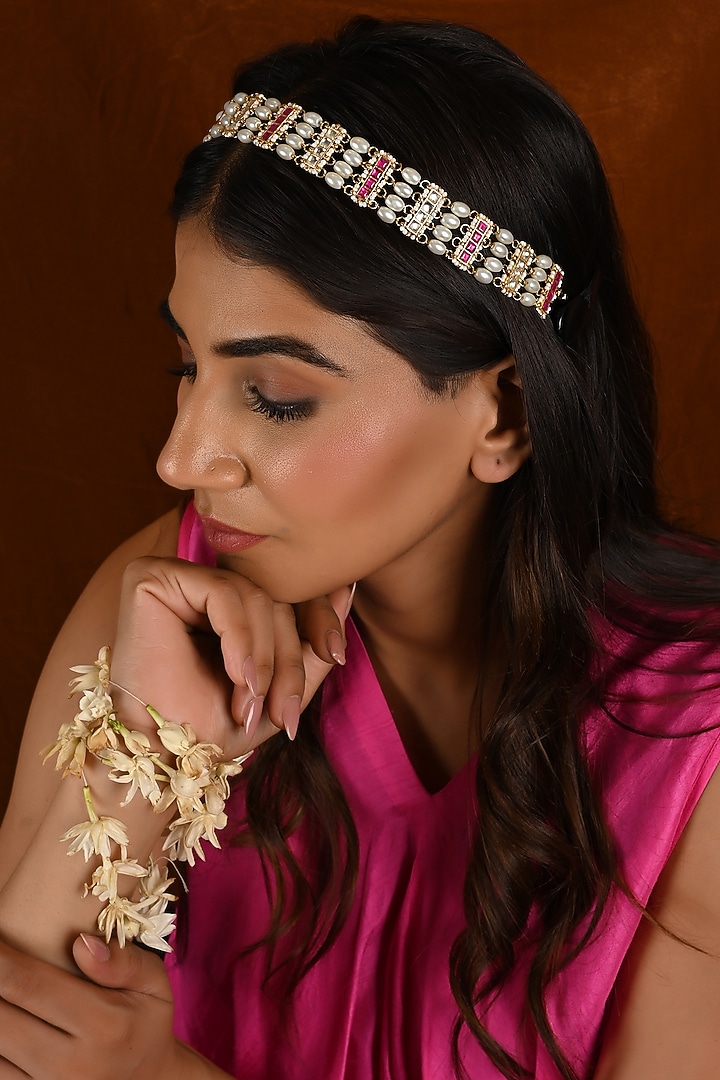 Gold Finish Kundan Polki & Pink Stone Sheeshphool by Namasya at Pernia's Pop Up Shop