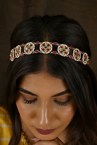 Gold Finish Kundan Polki & Pink Stone Sheeshphool by Namasya