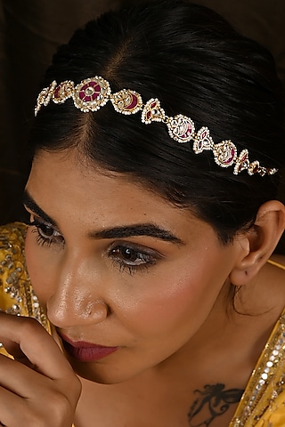 Gold Finish Kundan Polki & Pink Stone Sheeshphool by Namasya