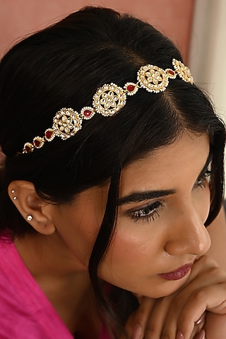 Gold Finish Kundan Polki & Pink Stone Sheeshphool by Namasya