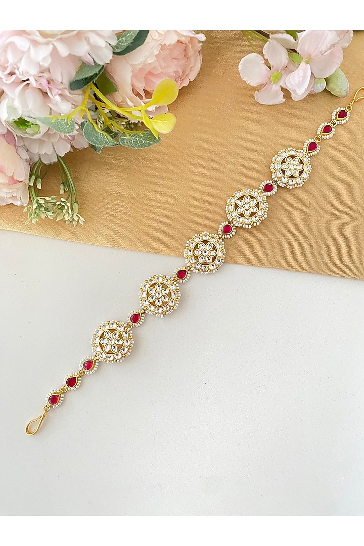 Gold Finish Kundan Polki & Pink Stone Sheeshphool by Namasya at Pernia's Pop Up Shop