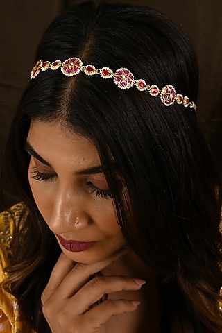 Gold Finish Kundan Polki & Pink Stone Sheeshphool by Namasya