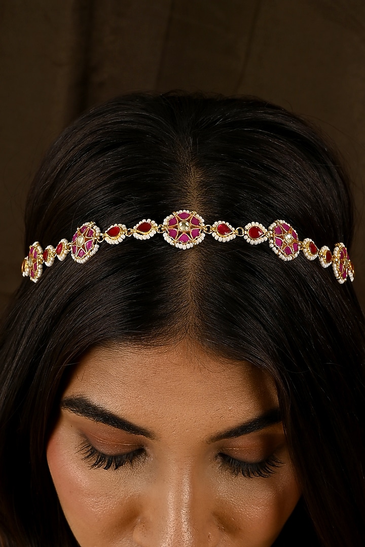 Gold Finish Kundan Polki & Pink Stone Sheeshphool by Namasya at Pernia's Pop Up Shop