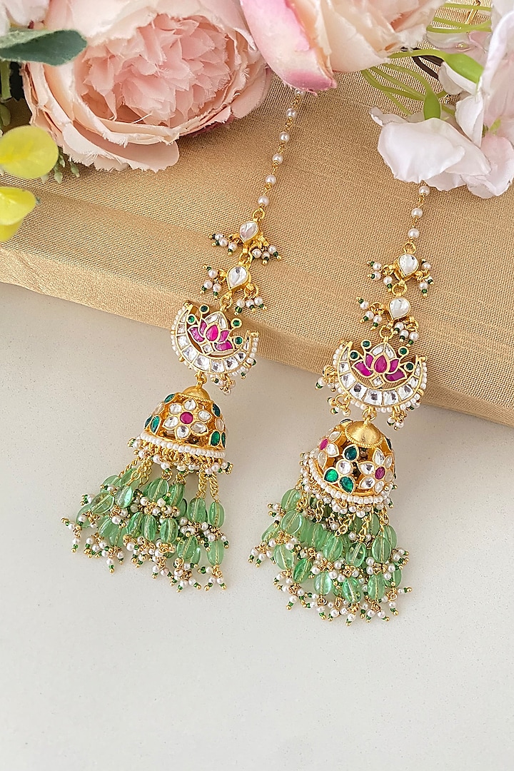 Gold Finish Pink & Green Kundan Polki Jhumka Earrings by Namasya at Pernia's Pop Up Shop