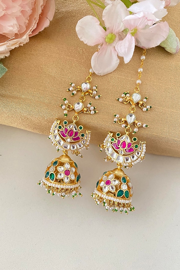 Gold Finish Kundan Polki & Pearl Drop Jhumka Earrings by Namasya at Pernia's Pop Up Shop