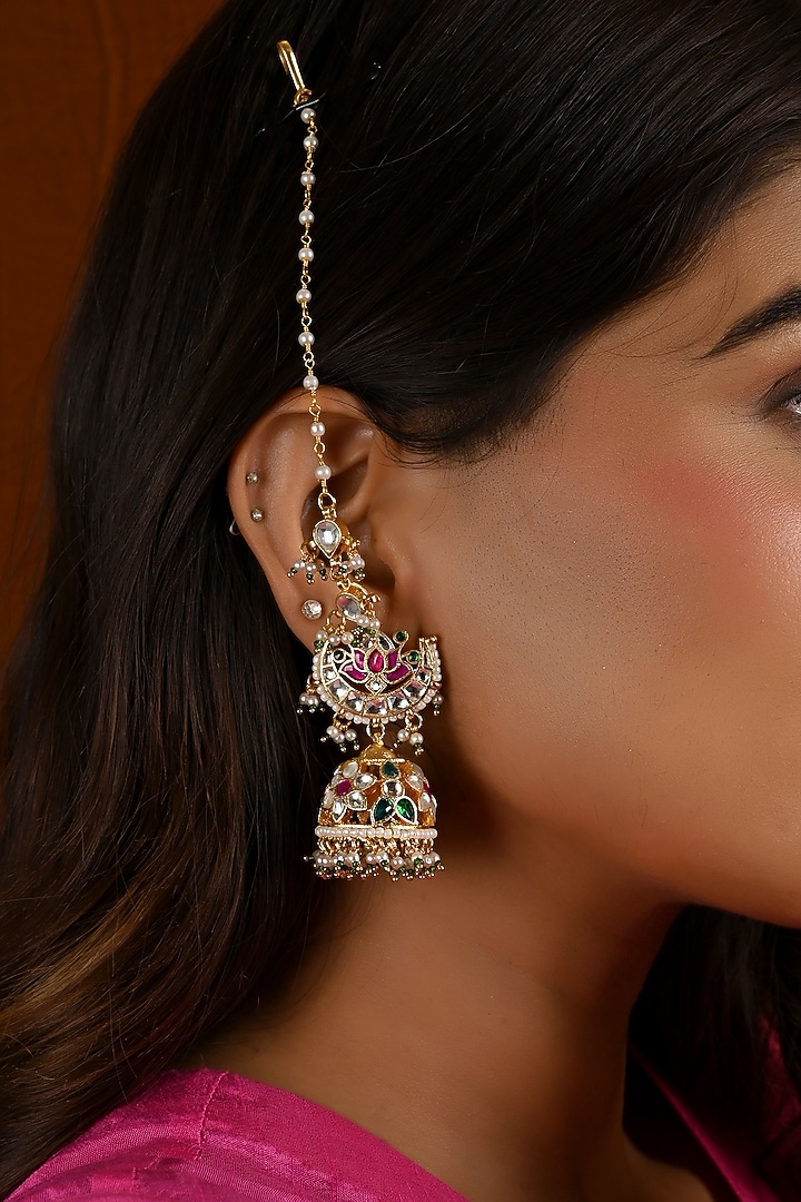 Gold Finish Kundan Polki & Pearl Drop Jhumka Earrings by Namasya at Pernia's Pop Up Shop