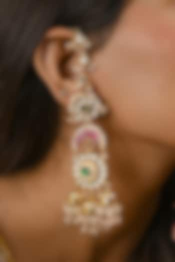 Gold Finish Kundan Polki & Pearl Drop Chandelier Earrings by Namasya at Pernia's Pop Up Shop