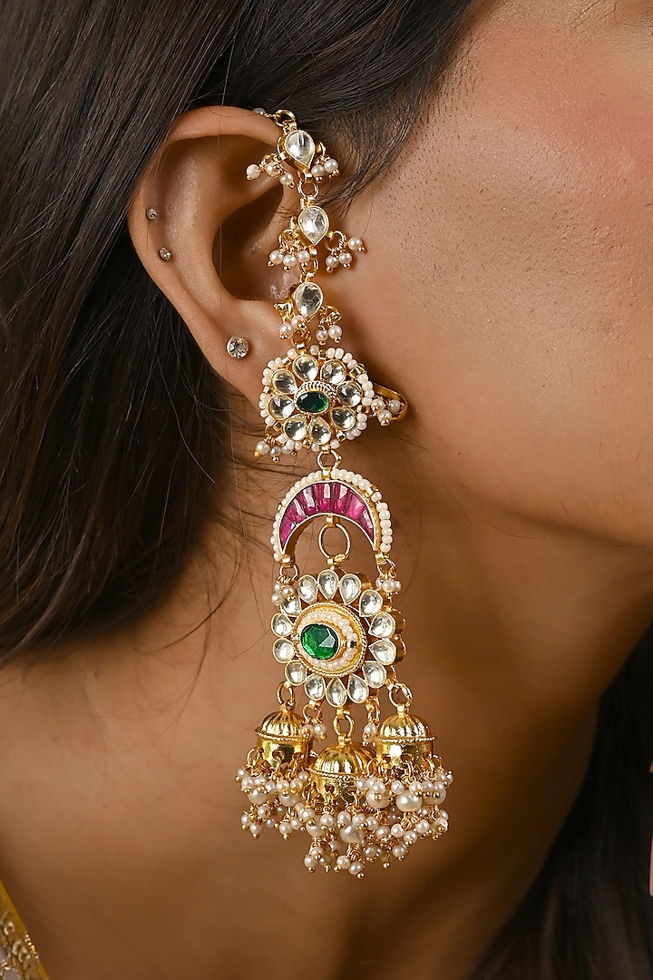 Gold Finish Kundan Polki & Pearl Drop Chandelier Earrings by Namasya at Pernia's Pop Up Shop