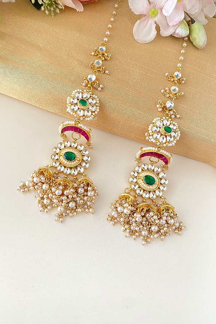 Gold Finish Kundan Polki & Pearl Drop Chandelier Earrings by Namasya at Pernia's Pop Up Shop