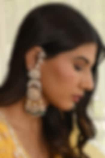 Gold Finish Kundan Polki & Pearl Drop Chandelier Earrings by Namasya at Pernia's Pop Up Shop