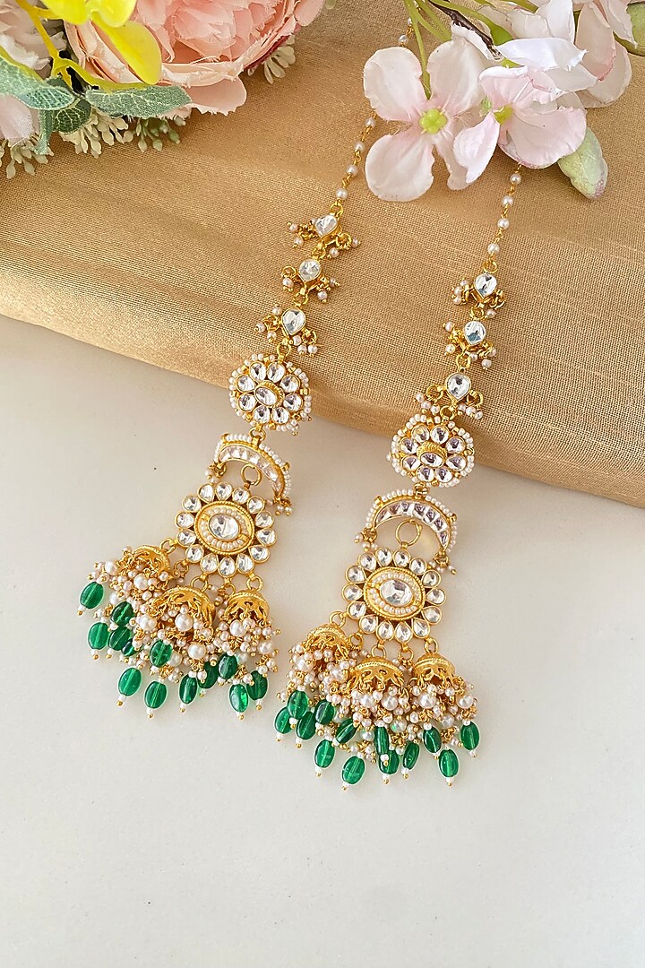 Gold Finish Kundan Polki & Pearl Drop Chandelier Earrings by Namasya at Pernia's Pop Up Shop