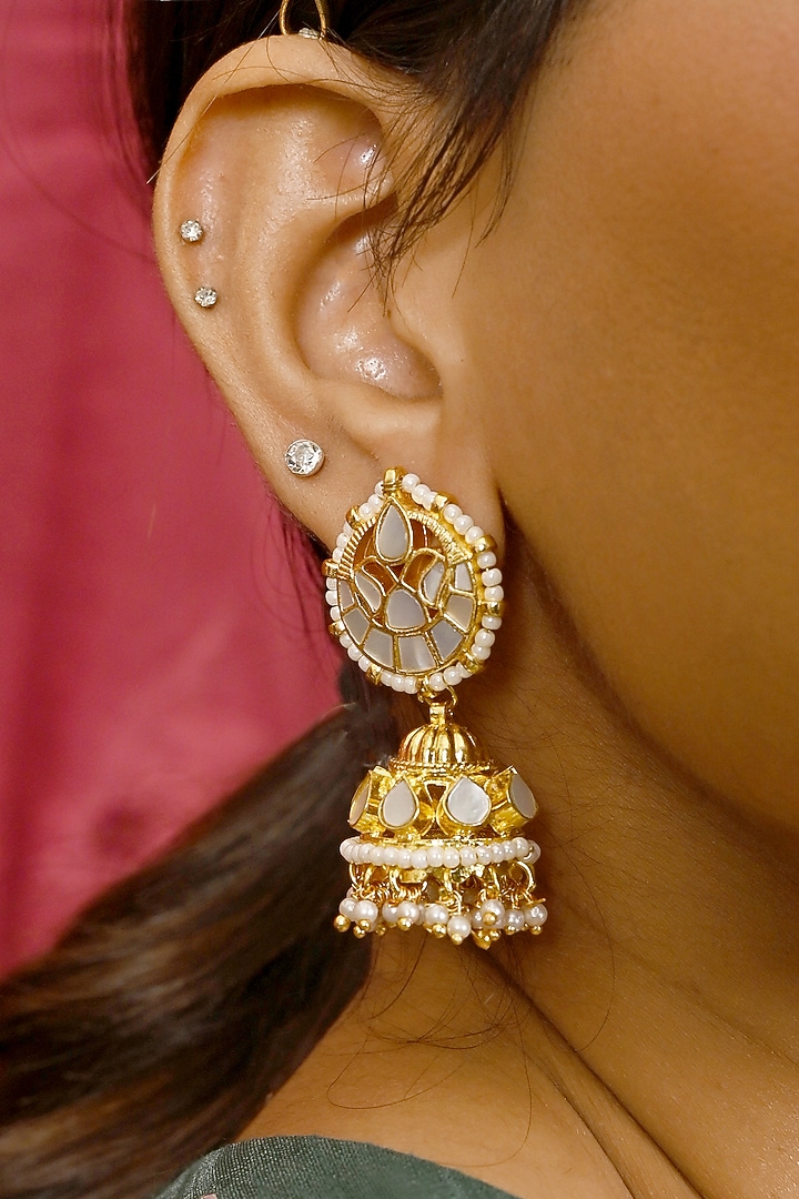 Gold Finish Kundan Polki & Mother Of Pearl Jhumka Earrings by Namasya at Pernia's Pop Up Shop