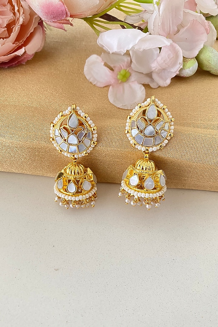 Gold Finish Kundan Polki & Mother Of Pearl Jhumka Earrings by Namasya at Pernia's Pop Up Shop