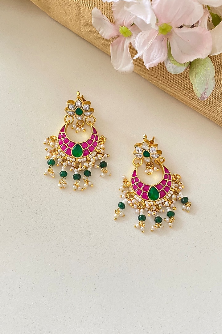 Gold Finish Kundan Polki & Green Drop Chandbali Earrings by Namasya at Pernia's Pop Up Shop