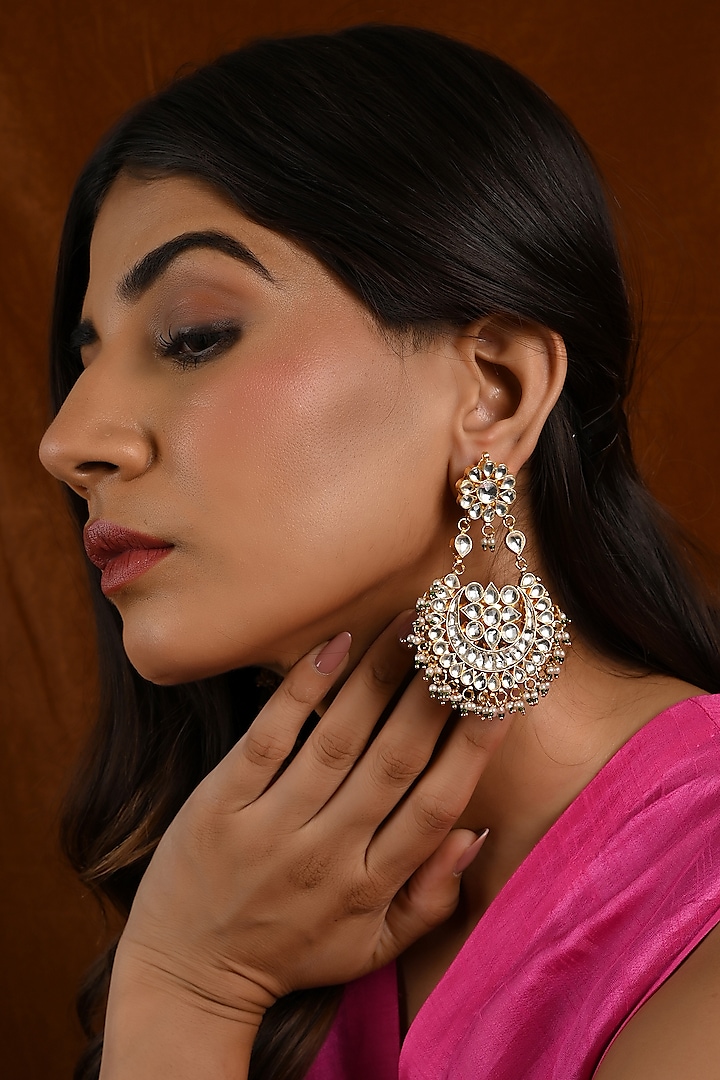 Gold Finish Kundan Polki Chandbali Earrings by Namasya at Pernia's Pop Up Shop