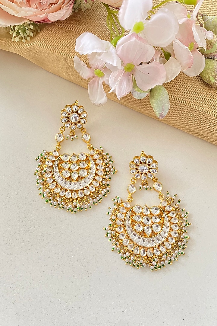 Gold Finish Kundan Polki Chandbali Earrings by Namasya at Pernia's Pop Up Shop