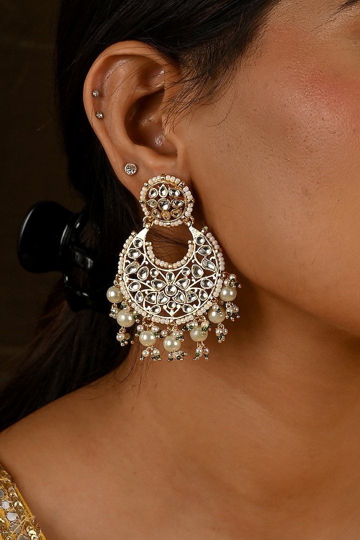 Gold Finish Kundan Polki Chandbali Earrings by Namasya at Pernia's Pop Up Shop