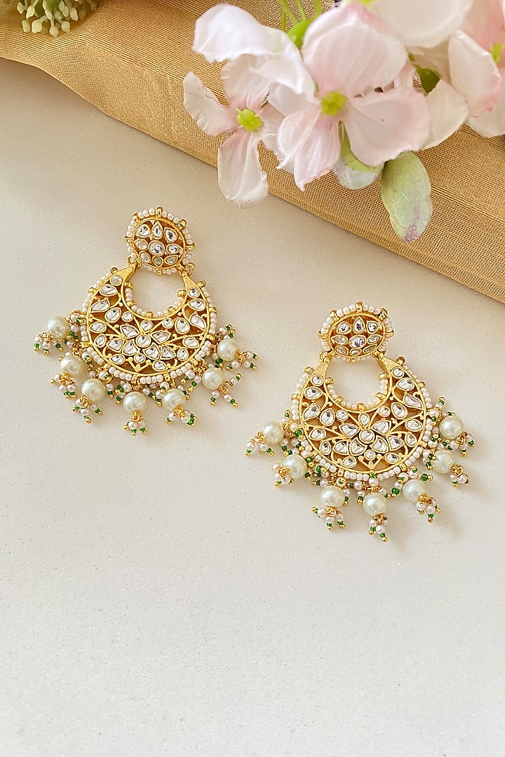 Gold Finish Kundan Polki Chandbali Earrings by Namasya at Pernia's Pop Up Shop