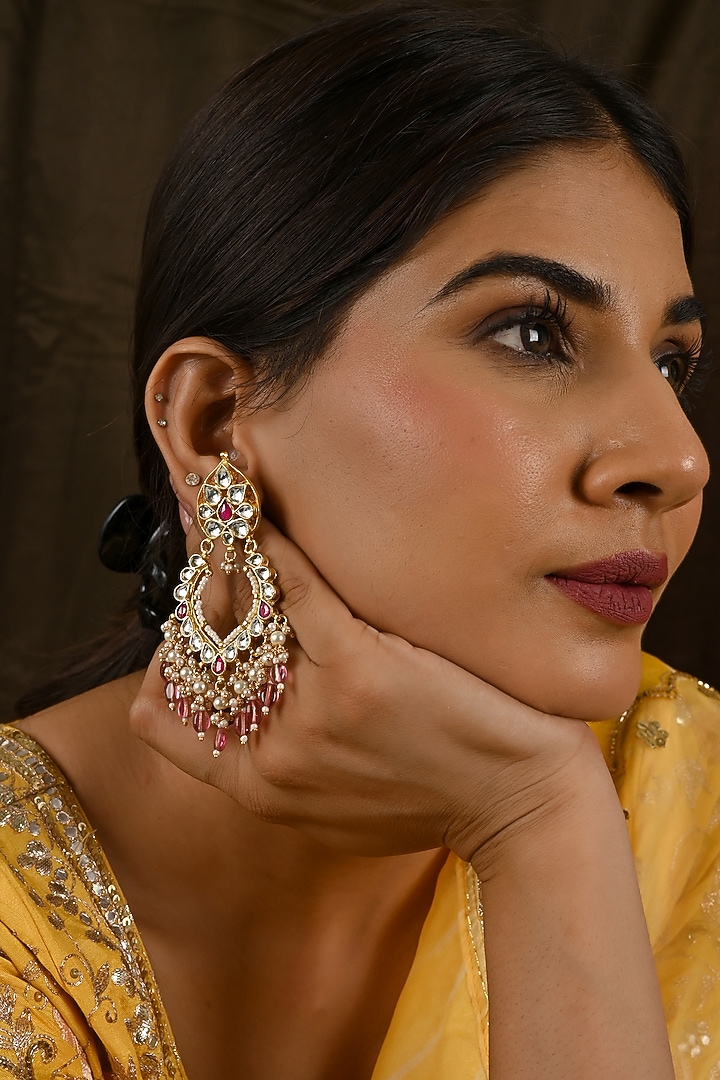 Gold Finish Kundan Polki & Pink Stone Chandbali Earrings by Namasya at Pernia's Pop Up Shop