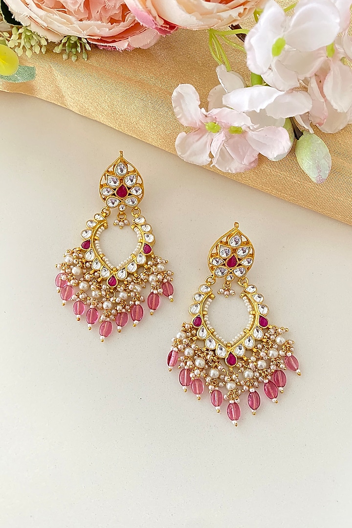 Gold Finish Kundan Polki & Pink Stone Chandbali Earrings by Namasya at Pernia's Pop Up Shop