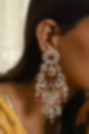 Gold Finish Kundan Polki & Navratna Stone Chandbali Earrings by Namasya at Pernia's Pop Up Shop