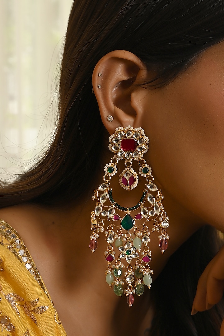 Gold Finish Kundan Polki & Navratna Stone Chandbali Earrings by Namasya at Pernia's Pop Up Shop