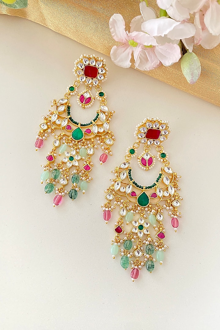 Gold Finish Kundan Polki & Navratna Stone Chandbali Earrings by Namasya at Pernia's Pop Up Shop