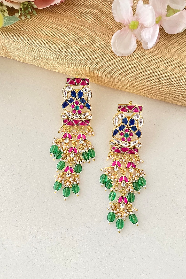 Gold Finish Kundan Polki & Green Drops Chandelier Earrings by Namasya at Pernia's Pop Up Shop