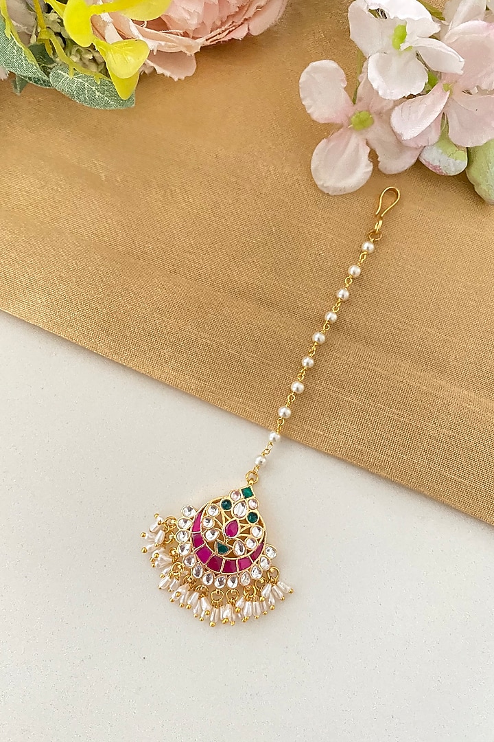 Gold Finish Kundan Polki & Pink Stone Maangtikka by Namasya at Pernia's Pop Up Shop