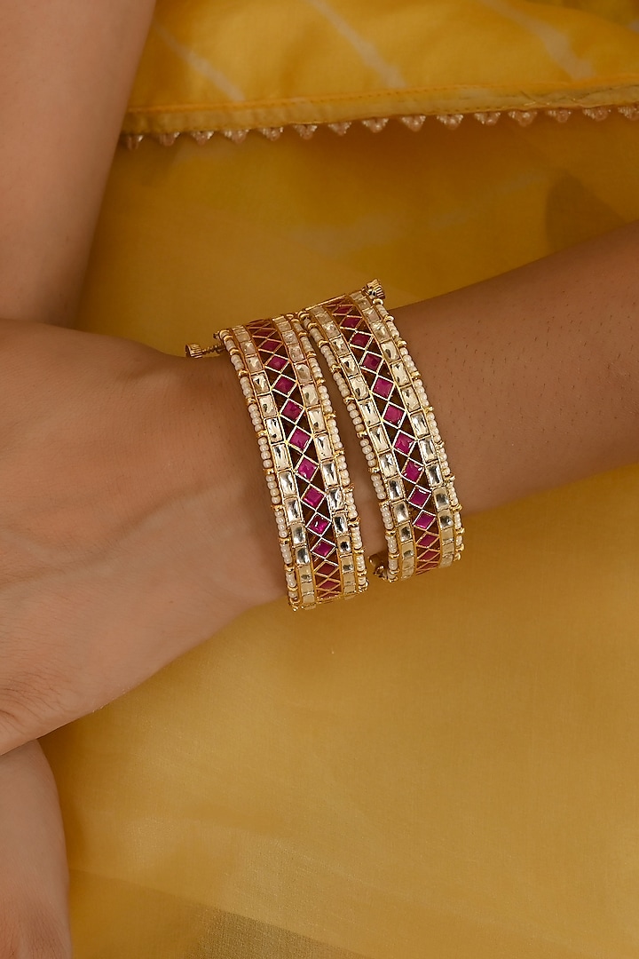 Micro Gold Finish Pink Kundan Polki Bangles (Set of 2) by Namasya at Pernia's Pop Up Shop