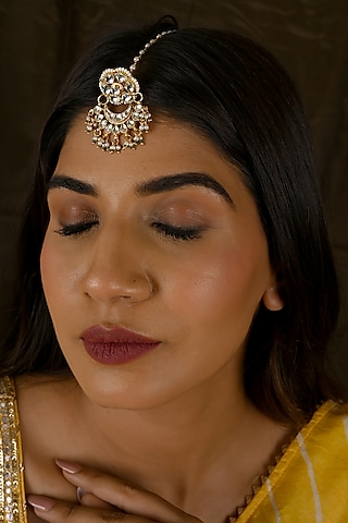 Micro Gold Finish Kundan Polki & Green Pearl Maangtikka by Namasya
