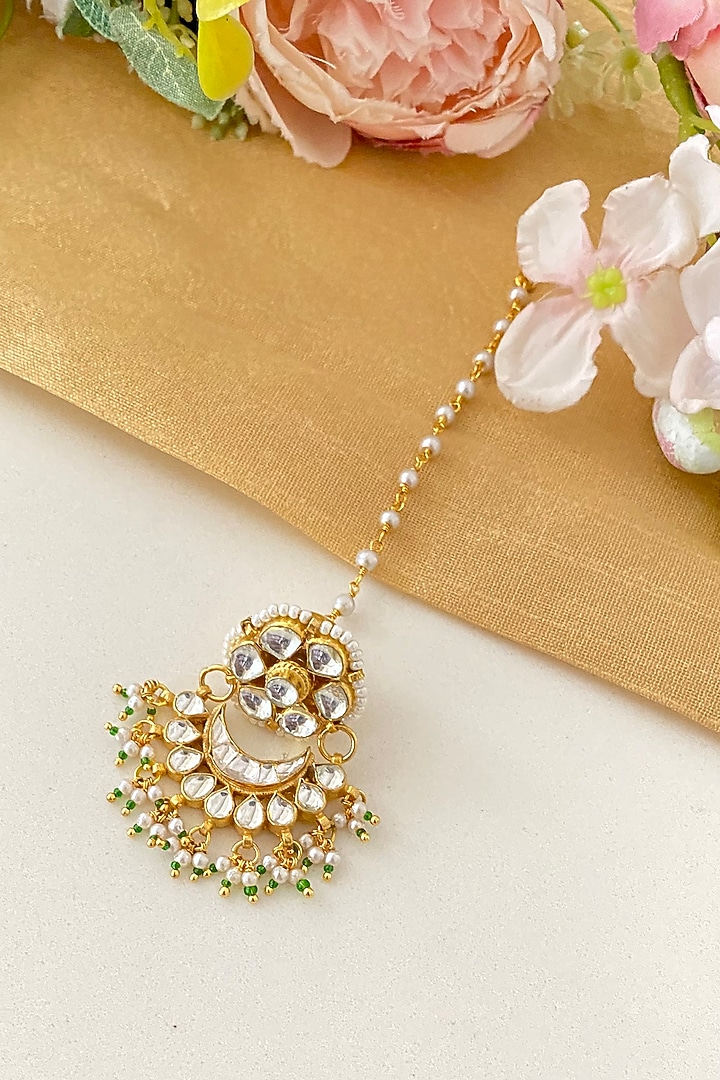 Micro Gold Finish Kundan Polki & Green Pearl Maangtikka by Namasya at Pernia's Pop Up Shop