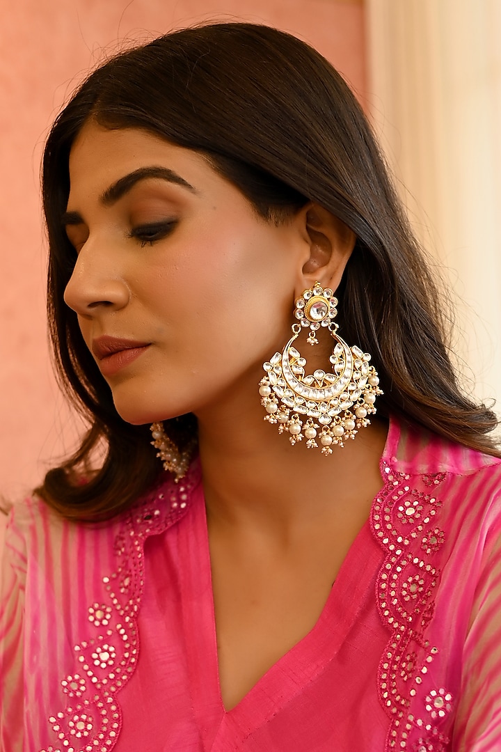 Micro Gold Finish Pearl Drop & Kundan Polki Chandbali Earrings by Namasya at Pernia's Pop Up Shop