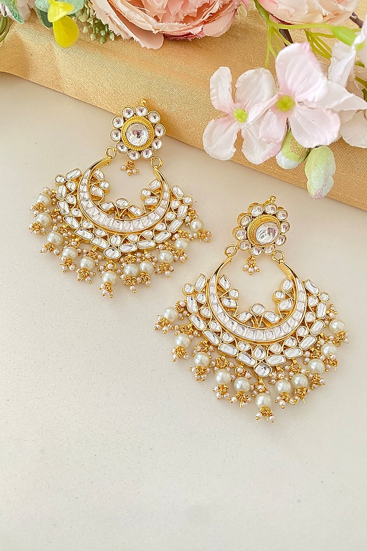 Micro Gold Finish Pearl Drop & Kundan Polki Chandbali Earrings by Namasya at Pernia's Pop Up Shop