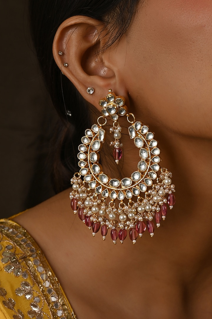 Micro Gold Finish Kundan Polki & Pink Drop Chandbali Earrings by Namasya at Pernia's Pop Up Shop