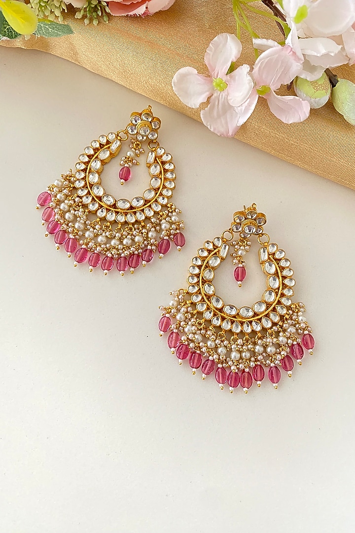Micro Gold Finish Kundan Polki & Pink Drop Chandbali Earrings by Namasya at Pernia's Pop Up Shop
