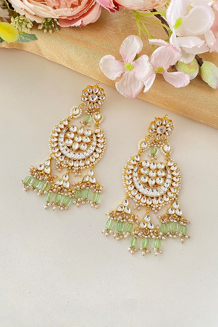 Micro Gold Finish Kundan Polki & Mint Drop Chandbali Earrings by Namasya at Pernia's Pop Up Shop