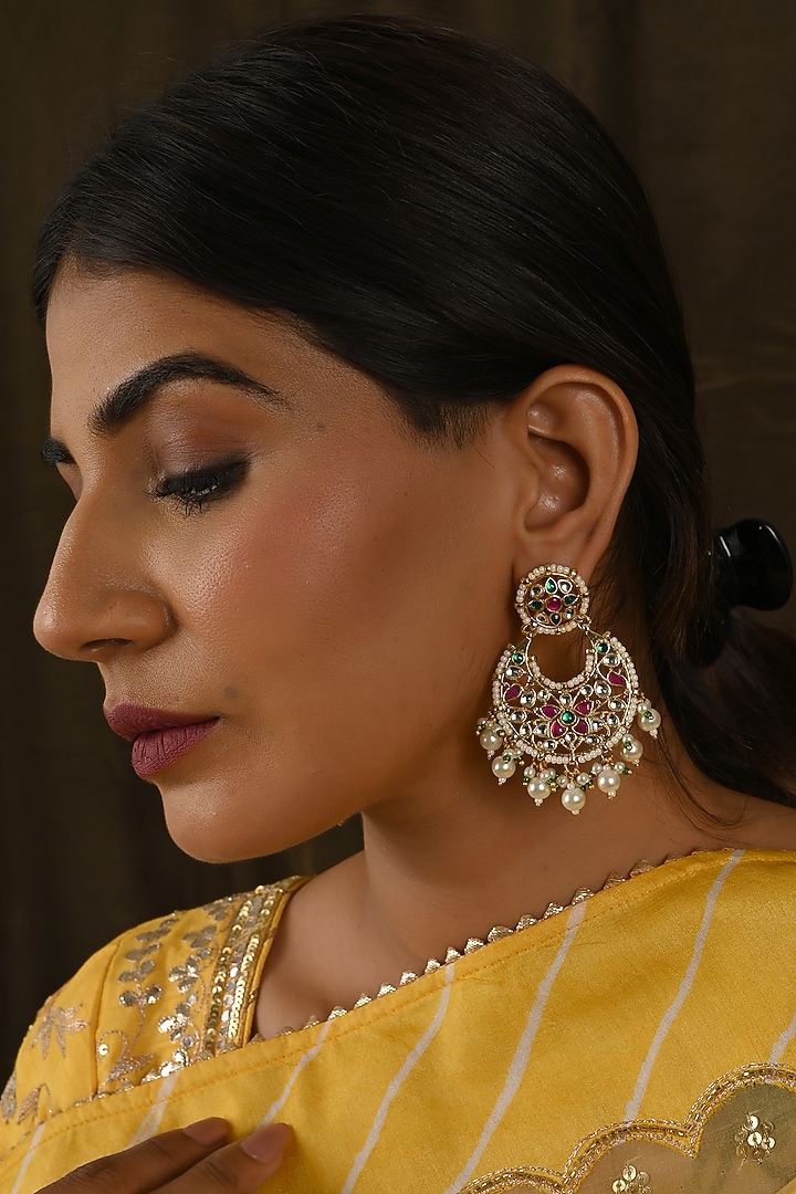 Micro Gold Finish Kundan Polki & Pearl Drop Chandbali Earrings by Namasya at Pernia's Pop Up Shop
