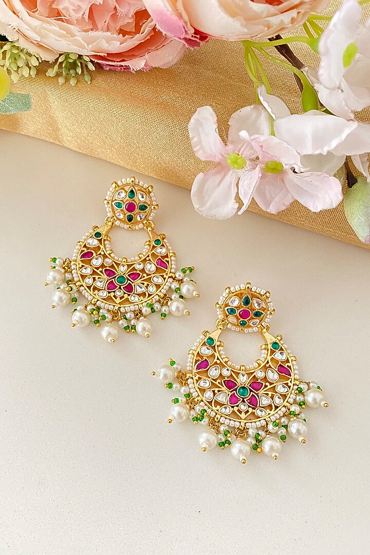 Micro Gold Finish Kundan Polki & Pearl Drop Chandbali Earrings by Namasya at Pernia's Pop Up Shop
