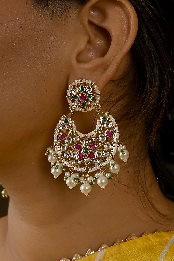Micro Gold Finish Kundan Polki & Pearl Drop Chandbali Earrings by Namasya at Pernia's Pop Up Shop