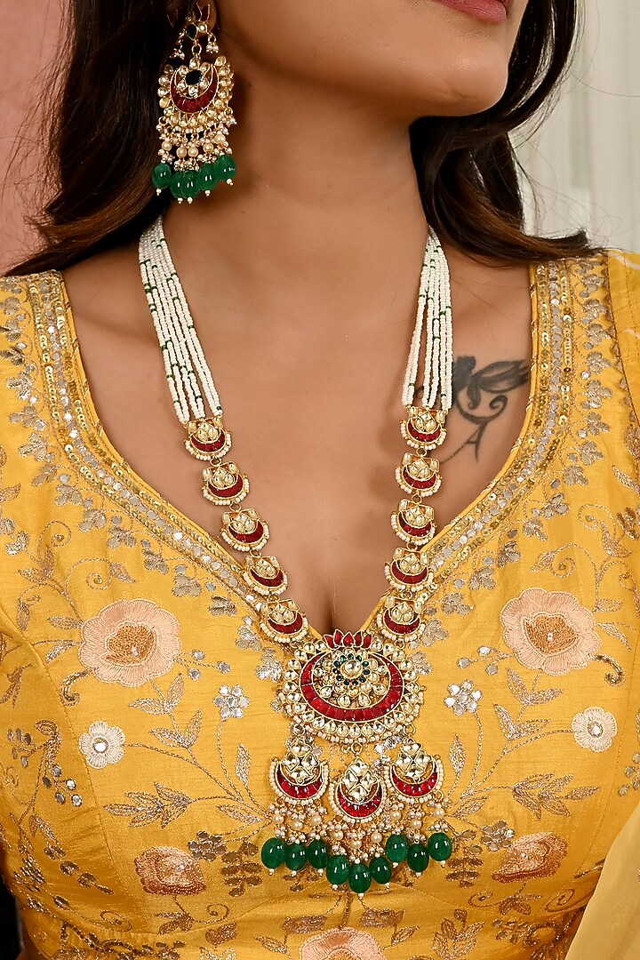 Micro Gold Finish Kundan Polki & Green Drop Long Necklace Set by Namasya at Pernia's Pop Up Shop