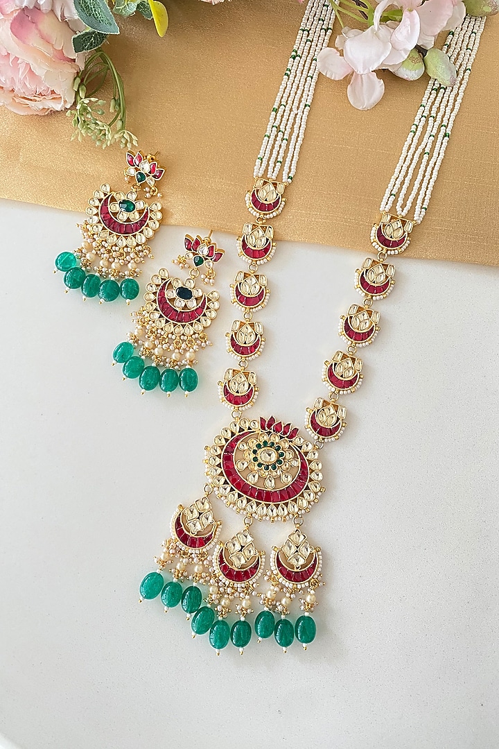 Micro Gold Finish Kundan Polki & Green Drop Long Necklace Set by Namasya at Pernia's Pop Up Shop