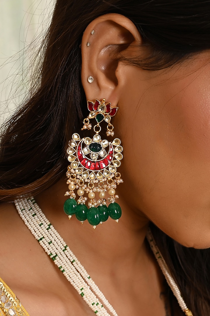 Micro Gold Finish Kundan Polki & Green Drop Long Necklace Set by Namasya at Pernia's Pop Up Shop