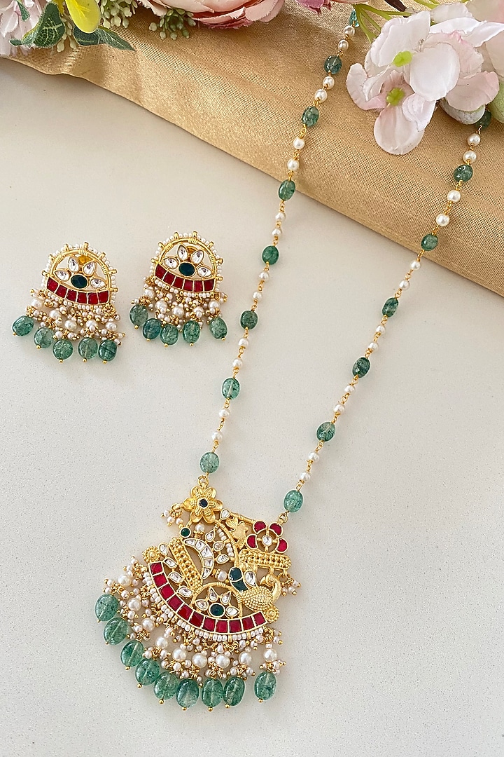 Micro Gold Finish Kundan Polki & Mint Green Drop Long Necklace Set by Namasya at Pernia's Pop Up Shop