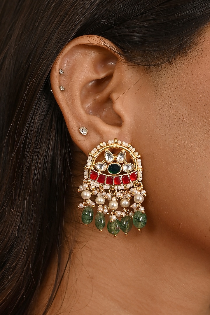 Micro Gold Finish Kundan Polki & Mint Green Drop Long Necklace Set by Namasya at Pernia's Pop Up Shop