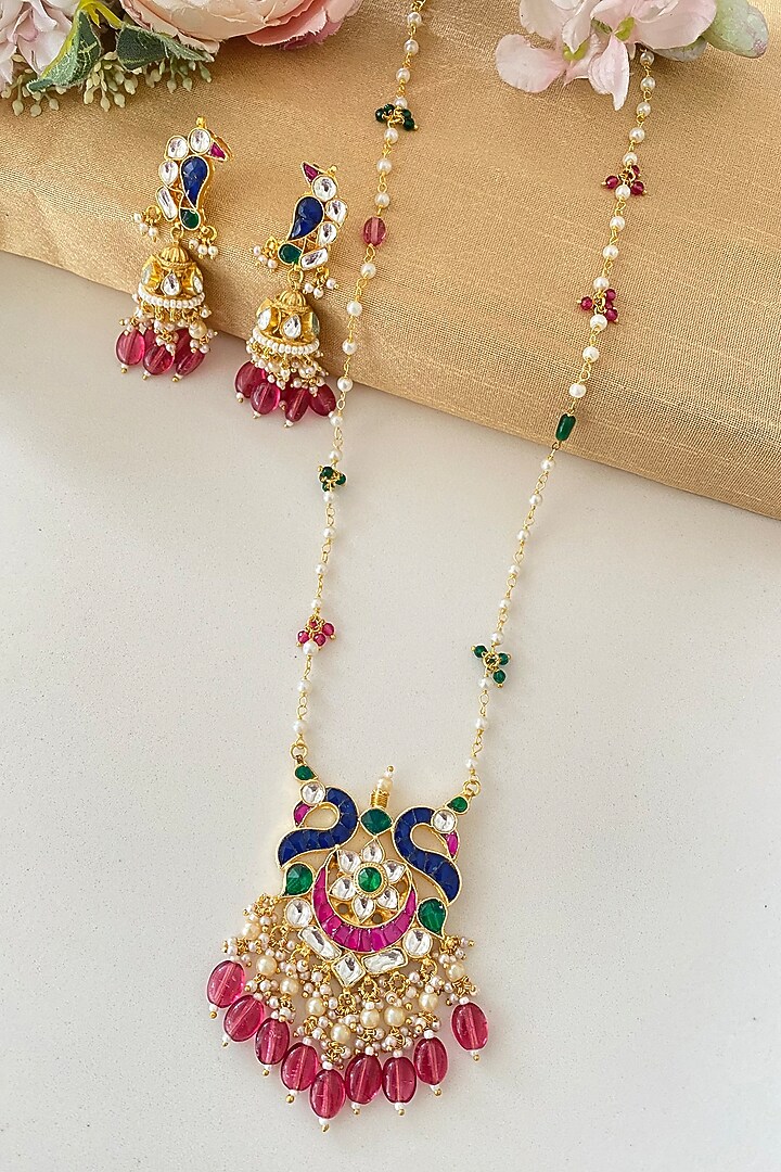 Micro Gold Finish Kundan Polki & Pink Drop Long Necklace Set by Namasya at Pernia's Pop Up Shop